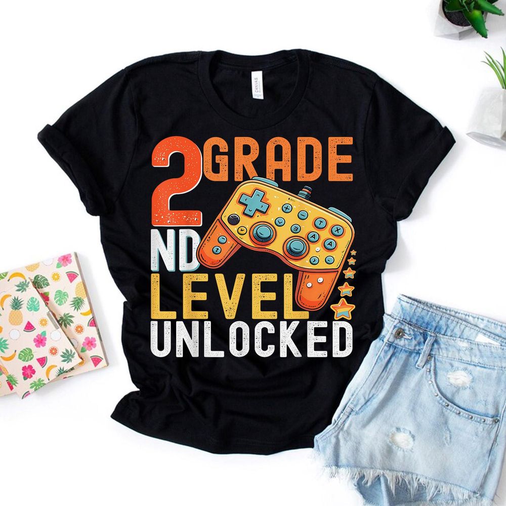 2nd Grade Level Unlocked Video Game Back To School Boys Shirt Unisex Standard T-Shirt black s