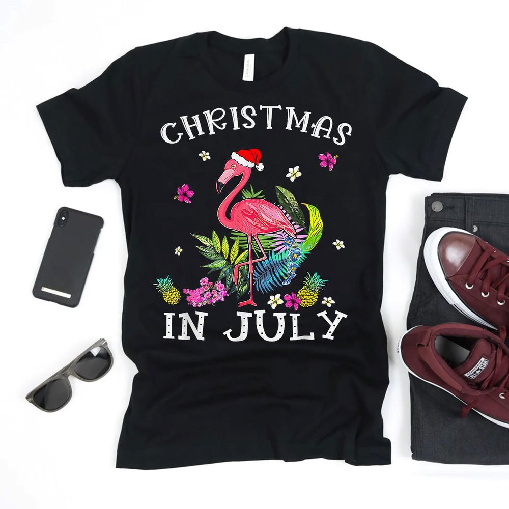 Christmas In July S For Women Pink Flamingo Shirt Unisex Standard T-Shirt black s