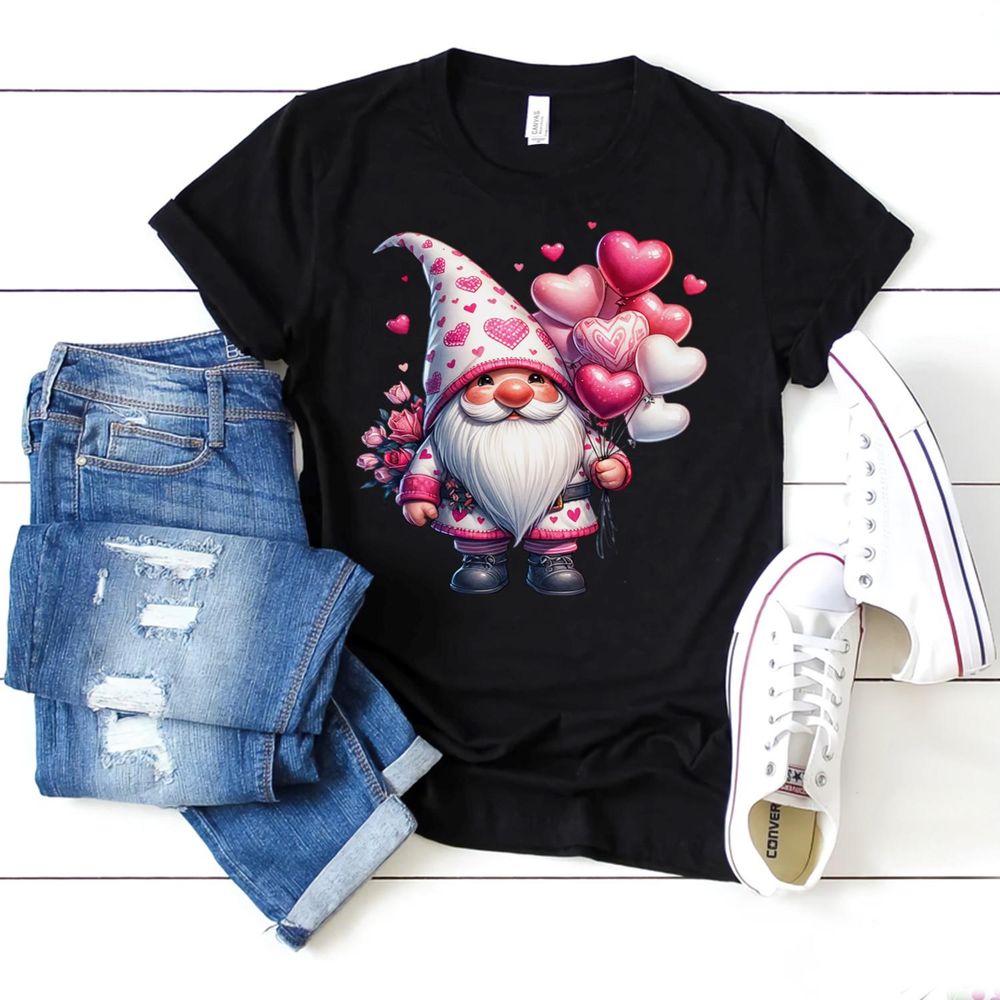 Cute Gnome Valentines Day Heart Gnome Valentine Girls Womens Pullover Hoodie Shirt Unisex Standard T-Shirt black s